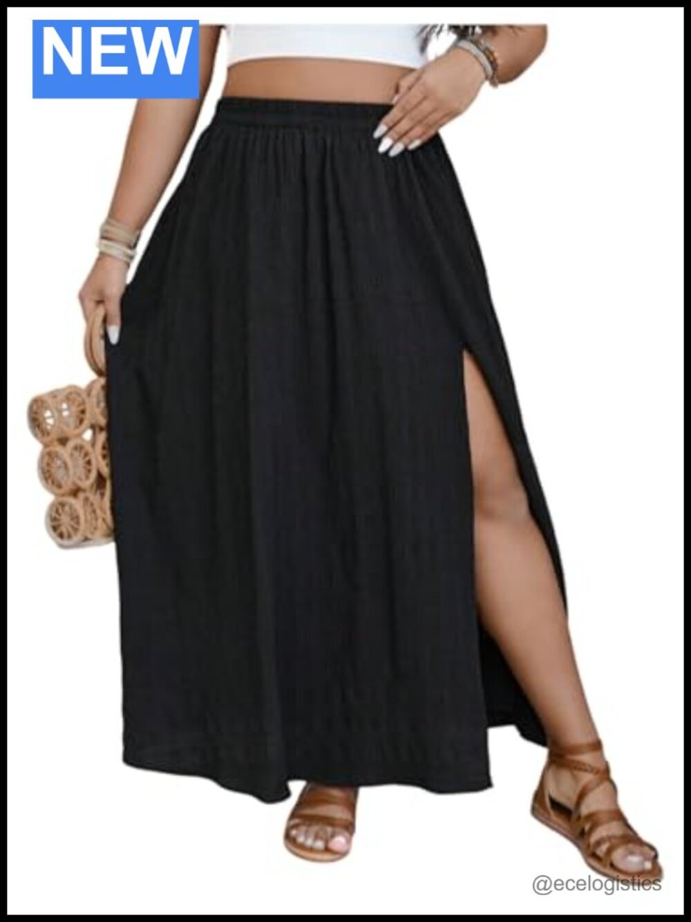 Women's Plus Size Boho Flowy High Waisted Maxi Skirt with Split Ruffle Hem